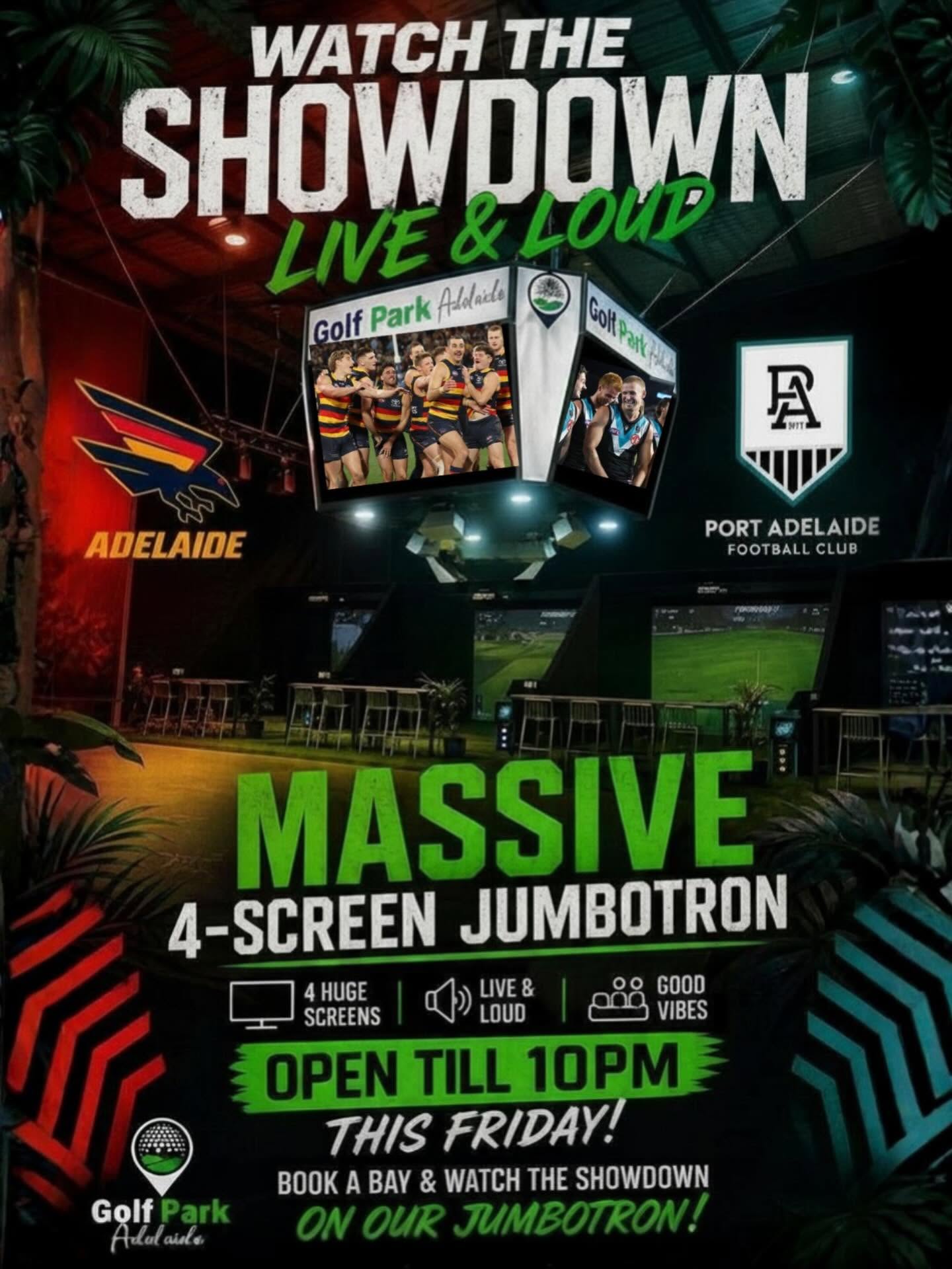 Promotional poster for a sports event with a jumbotron and football club logos.