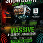 Promotional poster for a sports event with a jumbotron and football club logos.